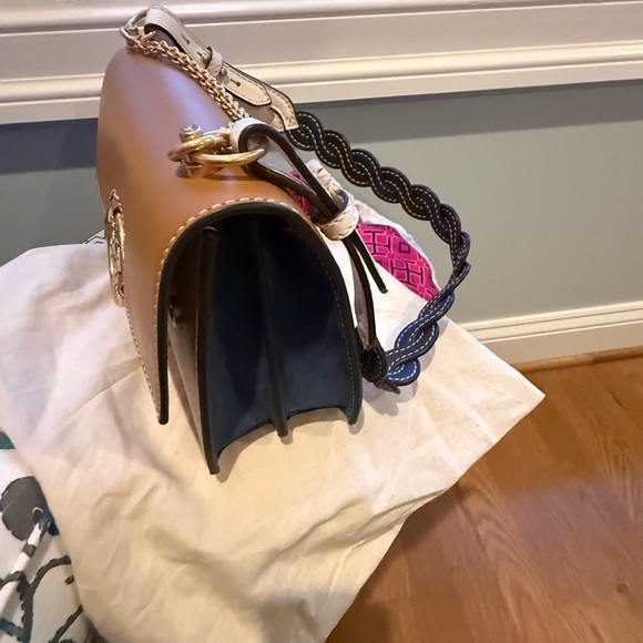 EUC Tory Burch Gold, Tan and Blue Color Block Shoulder Bag with braided strap - Picture 5 of 9